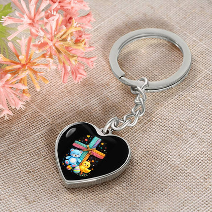 Rainbow Cross Teddy Bear & Chick Heart Keychain – Christian Gift for Kids