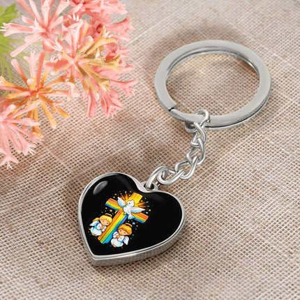 Dove & Praying Angels Rainbow Cross Heart Keychain – Christian Gift for Kids
