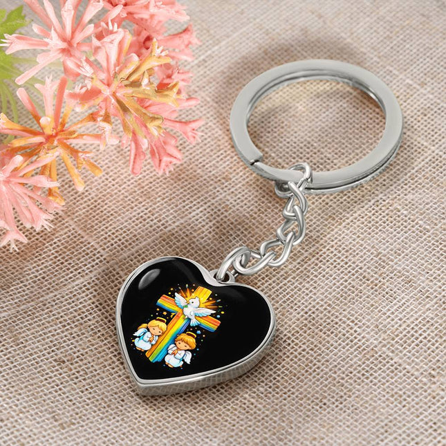 Dove & Praying Angels Rainbow Cross Heart Keychain – Christian Gift for Kids