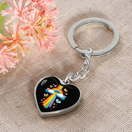 Rainbow & Clouds Cross Heart Keychain – Christian Gift for Kids