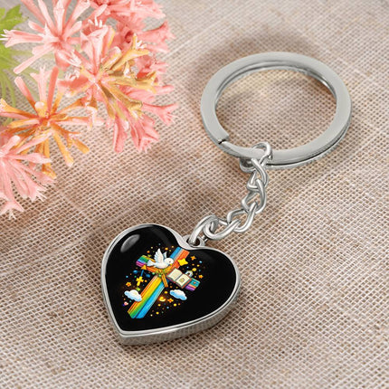 Dove & Open Bible Rainbow Cross Heart Keychain – Christian Gift for Kids