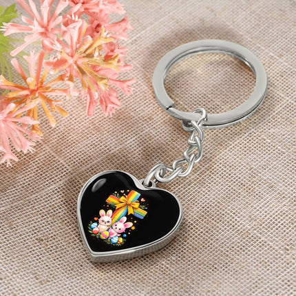 Easter Bunnies & Eggs Rainbow Cross Heart Keychain – Christian Gift for Kids