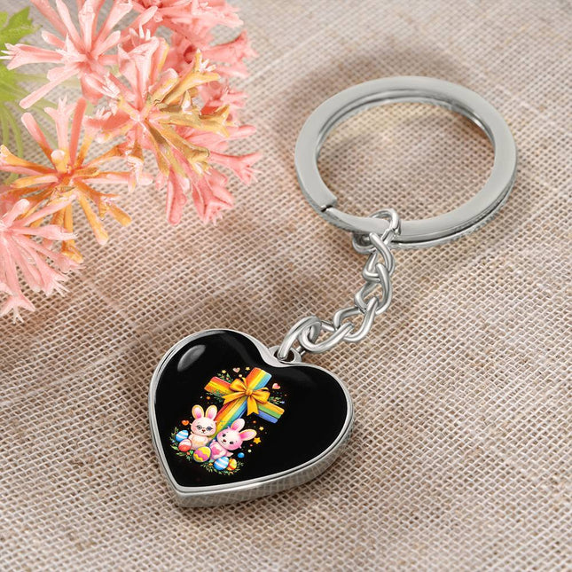 Easter Bunnies & Eggs Rainbow Cross Heart Keychain – Christian Gift for Kids