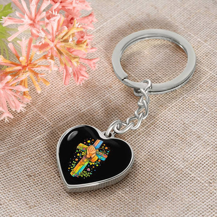 Praying Hands & Rosary Rainbow Cross Heart Keychain – Christian Gift for Kids