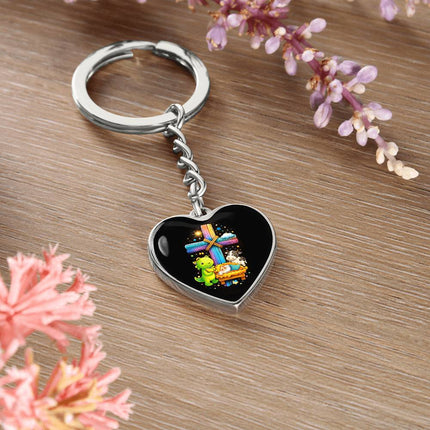 Baby Jesus Nativity & Dino Rainbow Cross Heart Keychain – Christian Gift for Kids