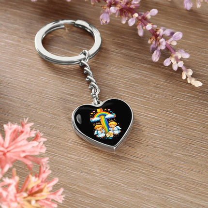 Angels & Lamb Rainbow Cross Heart Keychain – Christian Gift for Kids