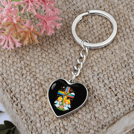 Praying Angels Rainbow Cross Heart Keychain – Christian Gift for Kids