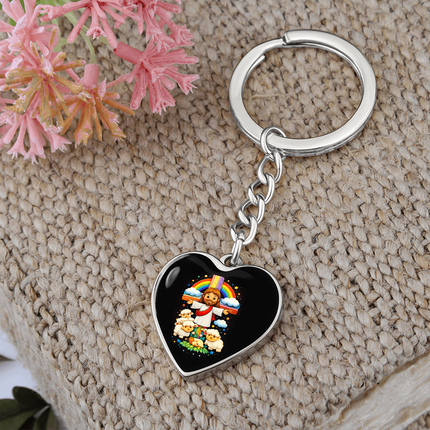 Jesus With the Sheep - Graphic Heart Keychain – Christian Gift for Kids
