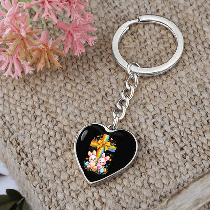 Easter Bunnies & Eggs Rainbow Cross Heart Keychain – Christian Gift for Kids