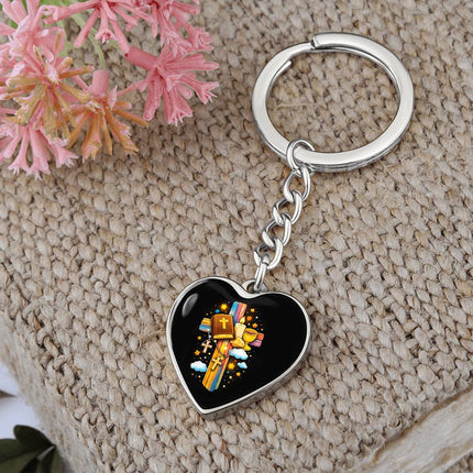 First Communion Bible & Chalice Rainbow Cross Heart Keychain – Christian Gift for Kids