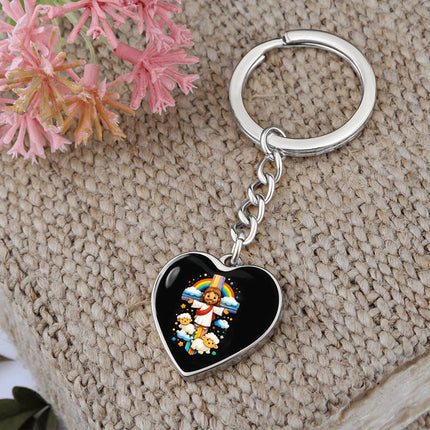 Jesus & Little Lambs Rainbow Heart Keychain – Christian Gift for Kids