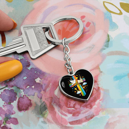 Dove & Open Bible Rainbow Cross Heart Keychain – Christian Gift for Kids