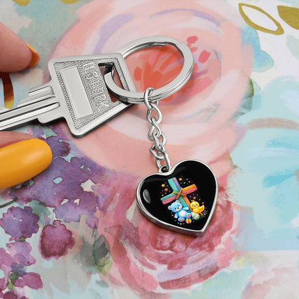 Rainbow Cross Teddy Bear & Chick Heart Keychain – Christian Gift for Kids
