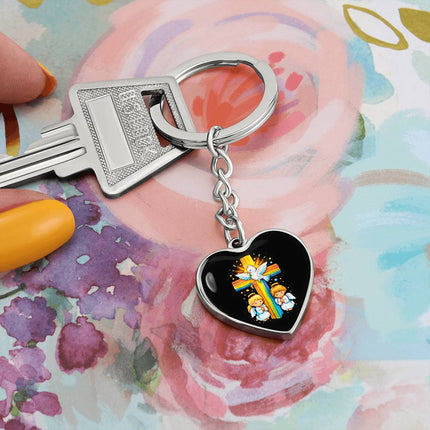 Dove & Praying Angels Rainbow Cross Heart Keychain – Christian Gift for Kids