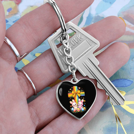 Easter Bunnies & Eggs Rainbow Cross Heart Keychain – Christian Gift for Kids