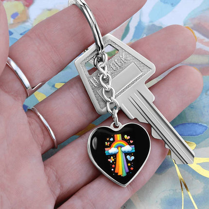 Rainbow & Clouds Cross Heart Keychain – Christian Gift for Kids