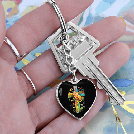 Praying Hands & Rosary Rainbow Cross Heart Keychain – Christian Gift for Kids