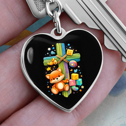 Kitten & ABC Blocks Rainbow Cross Heart Keychain – Christian Gift for Kids