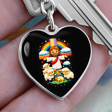 Jesus With the Sheep - Graphic Heart Keychain – Christian Gift for Kids
