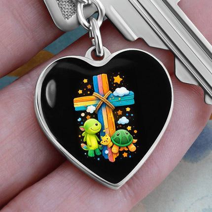 Cuddly Turtles Rainbow Cross Heart Keychain – Christian Gift for Kids