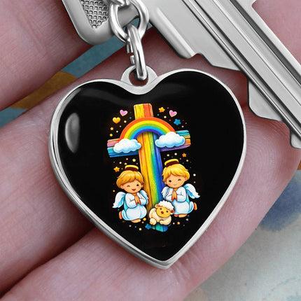Angels & Lamb Rainbow Cross Heart Keychain – Christian Gift for Kids
