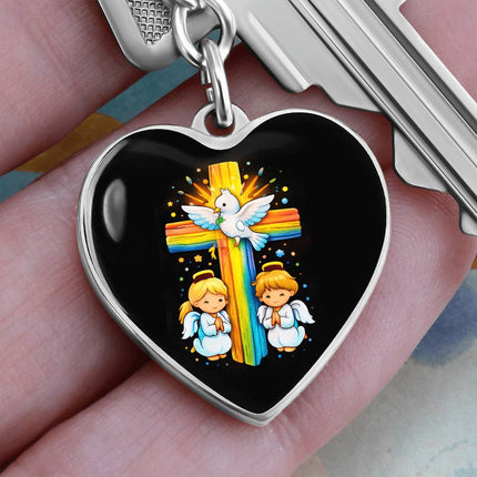 Dove & Praying Angels Rainbow Cross Heart Keychain – Christian Gift for Kids