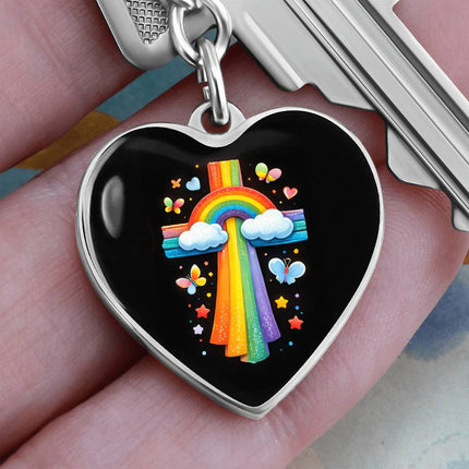 Rainbow & Clouds Cross Heart Keychain – Christian Gift for Kids