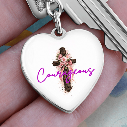 Courageous Flower Cross Christian heart keychain — floral cross design, modern Mother's Day gift for mom with a quiet courage message