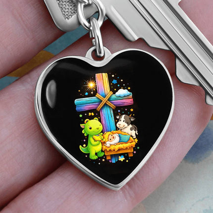 Baby Jesus Nativity & Dino Rainbow Cross Heart Keychain – Christian Gift for Kids
