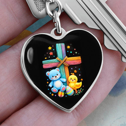 Rainbow Cross Teddy Bear & Chick Heart Keychain – Christian Gift for Kids