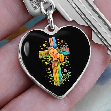 Praying Hands & Rosary Rainbow Cross Heart Keychain – Christian Gift for Kids