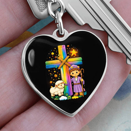Shepherd Boy & Lamb Rainbow Cross Heart Keychain – Christian Gift for Kids