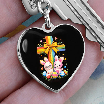 Easter Bunnies & Eggs Rainbow Cross Heart Keychain – Christian Gift for Kids