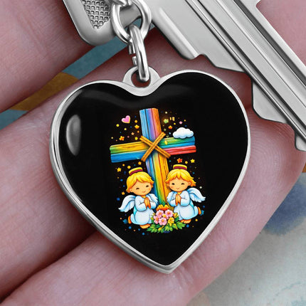 Praying Angels Rainbow Cross Heart Keychain – Christian Gift for Kids