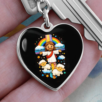 Jesus & Little Lambs Rainbow Heart Keychain – Christian Gift for Kids