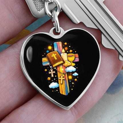 First Communion Bible & Chalice Rainbow Cross Heart Keychain – Christian Gift for Kids