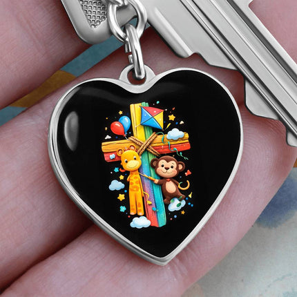Giraffe & Monkey Rainbow Cross Heart Keychain – Christian Gift for Kids