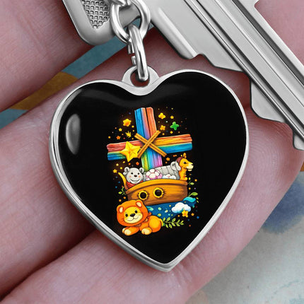 Noah's Ark Rainbow Cross Heart Keychain – Christian Gift for Kids