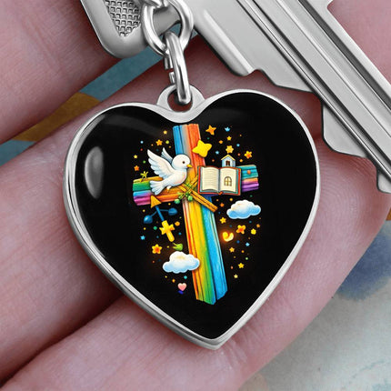 Dove & Open Bible Rainbow Cross Heart Keychain – Christian Gift for Kids