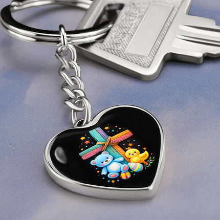 Rainbow Cross Teddy Bear & Chick Heart Keychain – Christian Gift for Kids