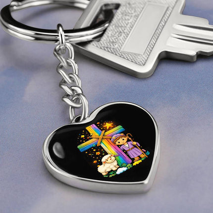 Shepherd Boy & Lamb Rainbow Cross Heart Keychain – Christian Gift for Kids