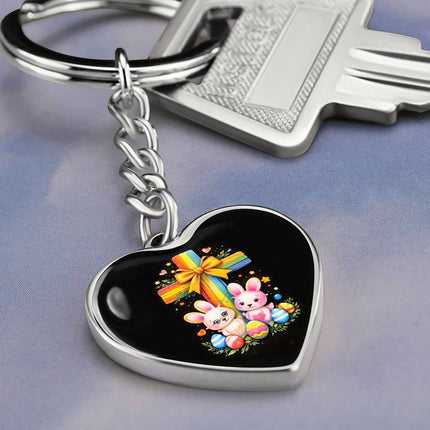 Easter Bunnies & Eggs Rainbow Cross Heart Keychain – Christian Gift for Kids