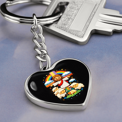 Jesus With the Sheep - Graphic Heart Keychain – Christian Gift for Kids