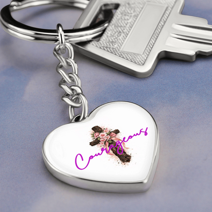 Courageous Flower Cross Christian Heart Keychain | Mother's Day Gift for Mom | Faith Gift