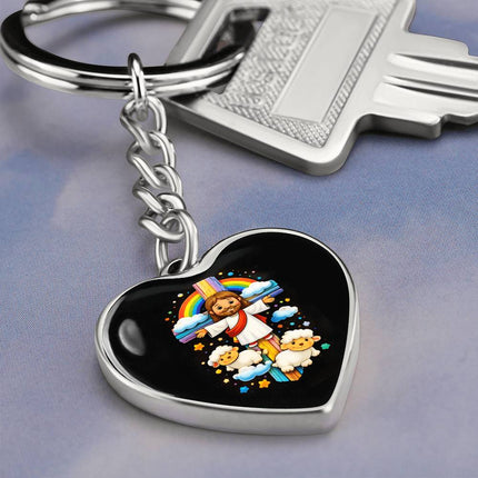 Jesus & Little Lambs Rainbow Heart Keychain – Christian Gift for Kids