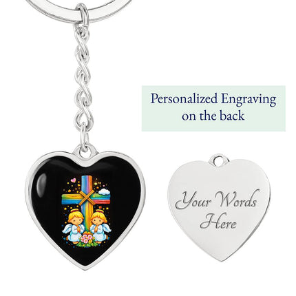 Praying Angels Rainbow Cross Heart Keychain – Christian Gift for Kids
