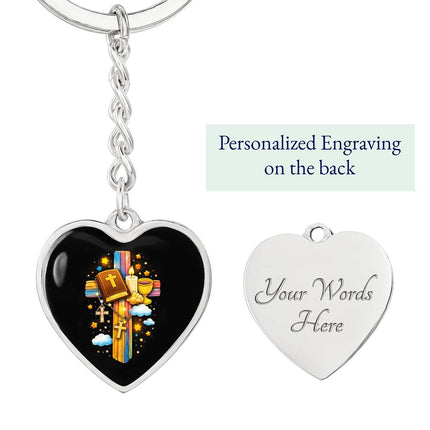 First Communion Bible & Chalice Rainbow Cross Heart Keychain – Christian Gift for Kids