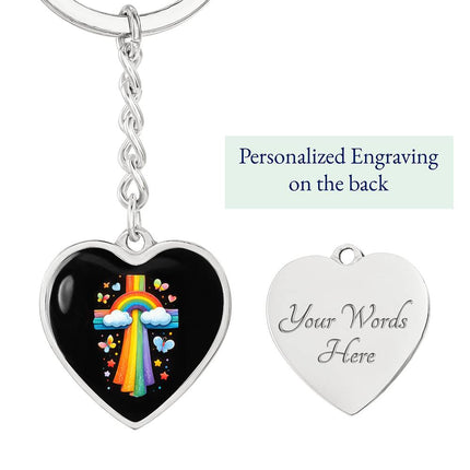 Rainbow & Clouds Cross Heart Keychain – Christian Gift for Kids
