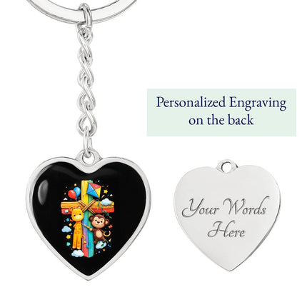 Giraffe & Monkey Rainbow Cross Heart Keychain – Christian Gift for Kids