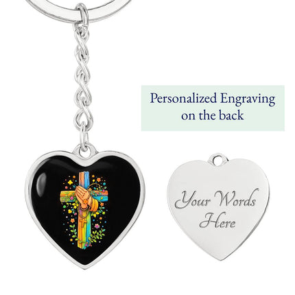 Praying Hands & Rosary Rainbow Cross Heart Keychain – Christian Gift for Kids
